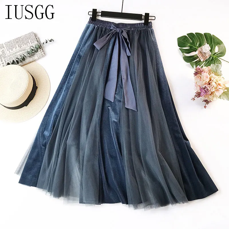 

Autumn Trendy Mid-Calf Blue Skirts Mesh Ribbon High Waist Lace Skirt Female Gradient Patchwork Sashes A line Pleated Skirt