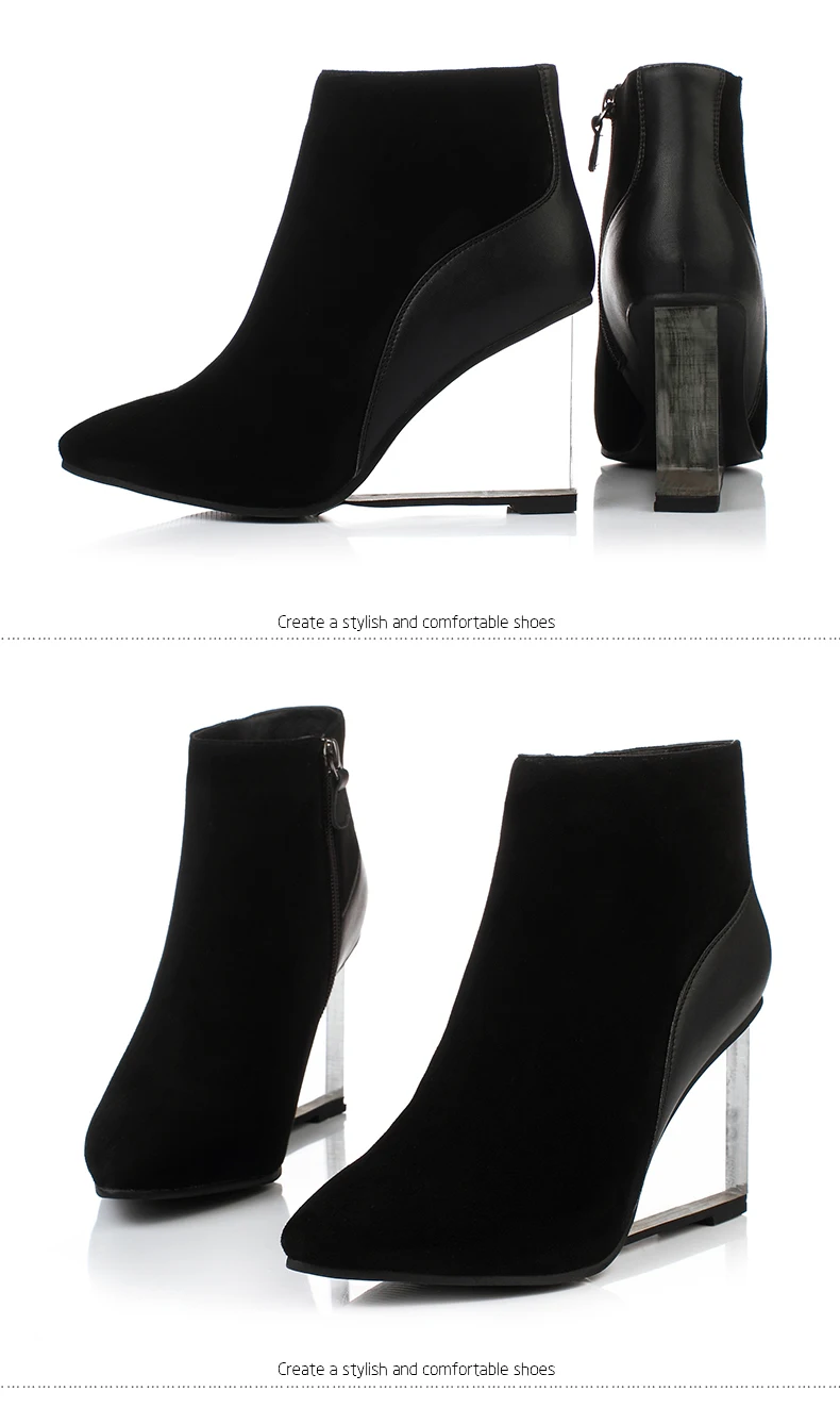 genuine leather boots pointed toe Slope heel transparent crystal 9cm fashion show women's shoes yellow black autumn winter new