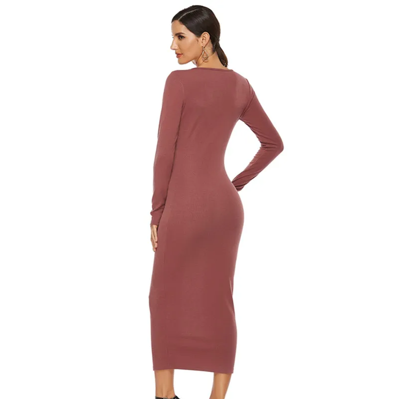Autumn Winter Long Sleeve Knitted Casau Dress Bodycon Fashion V-Neck Robe Maxi Dress Sweater Long Dresses High Waist