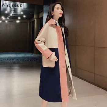 

Winter Coat Women All-match Elegant Big Pockets Womens Patchwork Sweet Long Casual Females Overcoat Outwear Korean Style Daily