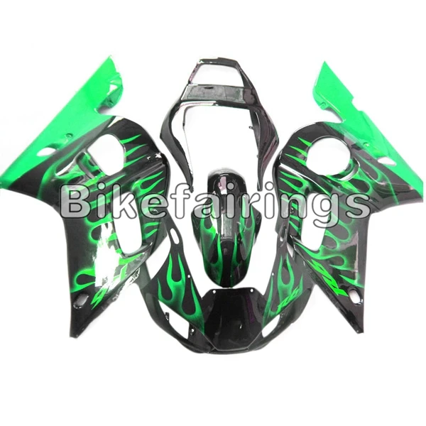 Капоты для Yamaha YZF-600 R6 1998 1999 2000 2001 2002 R6 впрыска ABS сенсорный экран полный черный и зеленый пламя кузов комплект