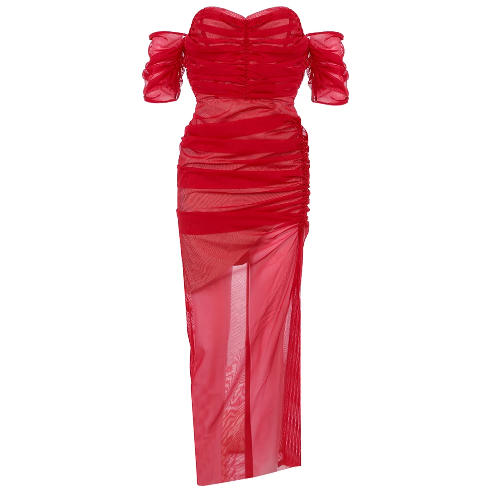 Высокое качество знаменитости с открытыми плечами черный, красный сетки с разрезами длинное платье Вечеринка облегающее платье