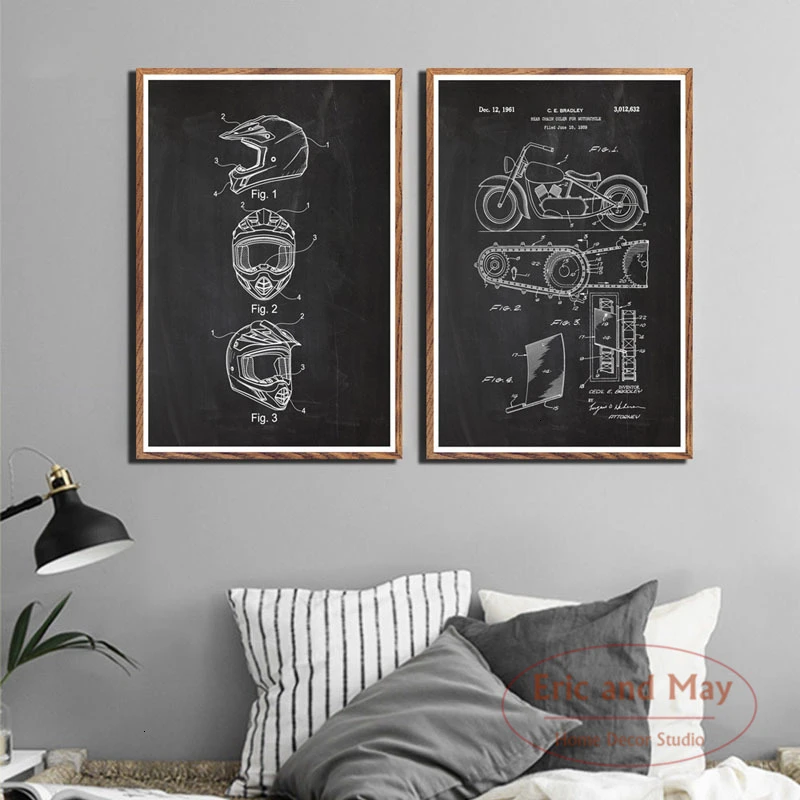 Motorcycle Motocross Helmet Blueprint Art Painting Vintage Canvas Poster Wall Home Decor Painting Calligraphy Aliexpress