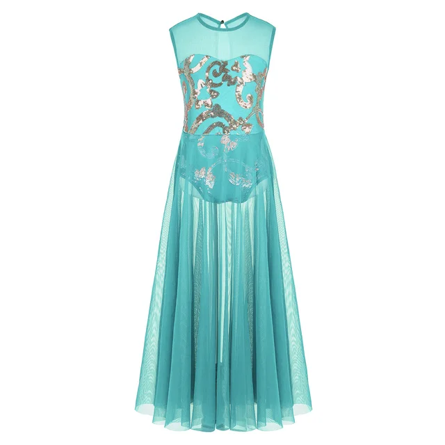 Kids Glittery Ballet Tutu Dress Gymnastics Leotard Dance Girls Floral Sequins Leotard contemporary Dress Lyrical Dance costumes Turquoise A