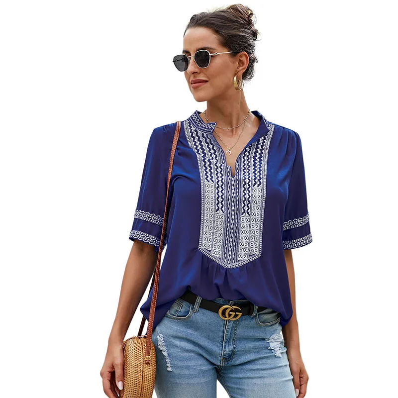 SEBOWEL Casual Embroidery Print Woman T-Shirts Half Sleeve V-neck Loose Female Tops New Fashion Summer Plus Size Clothes