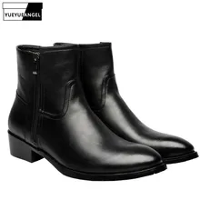 Зимние мужские кожаные ботильоны с острым носком; Байкерская защитная обувь на среднем квадратном каблуке; мужская обувь с высоким берцем в байкерском стиле; кожаная обувь размера плюс