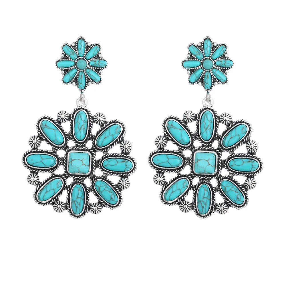 

Bohemian Vintage Silver Blue Stone Pumpkin Flower Earrings for Women Indian Ethnic Statement Earrings