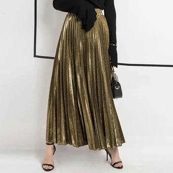 

Women High Waist Swing Golden Beach Skirts Female Clothes Ladies Long Pleated Skirt Spring Summer Fashion Solid Color Skirts