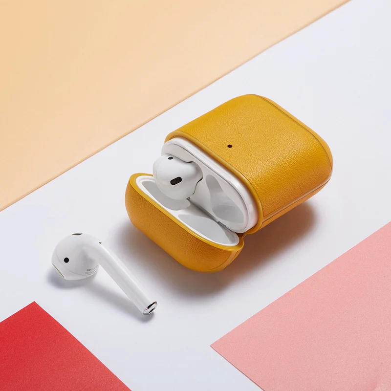 Чехлы из натуральной кожи для AirPods, чехол, Bluetooth, беспроводные наушники, Funda для Apple Airpods 2, 1 Air Pods, зарядные ящики - Цвет: Цвет: желтый