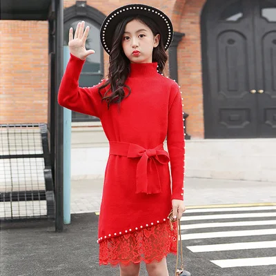 autumn girls sweater Осенне-зимнее длинное платье-свитер с кружевным низом для девочек, облегающее трикотажное платье с боковыми разрезами для подростков, трикотажное платье с бисером - Цвет: autumn girls sweater