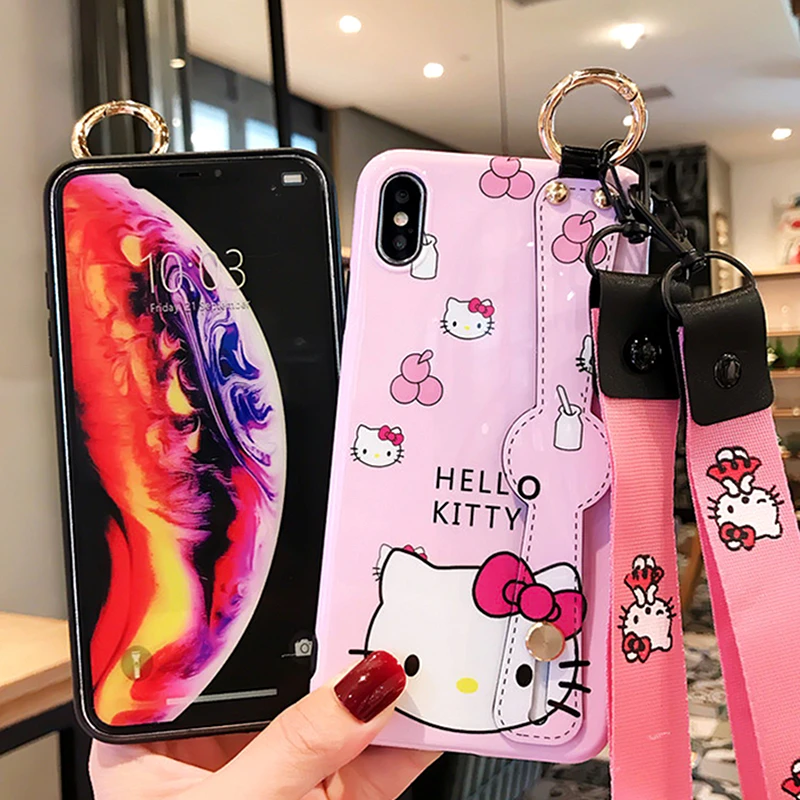 Милый hello kitty Cat кронштейн+ ремешок чехол для iphone 7 Чехол Xs Max 6 6s 8 Plus X Xr мультфильм мягкий ТПУ чехол для телефона