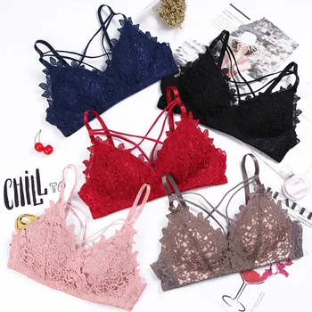 

Hollow Out Lace Thin Cup Triangle Bra For Girls Small Breasts Wireless Bra Briefs Set Underwear Women Lingerie Pink Blue Black