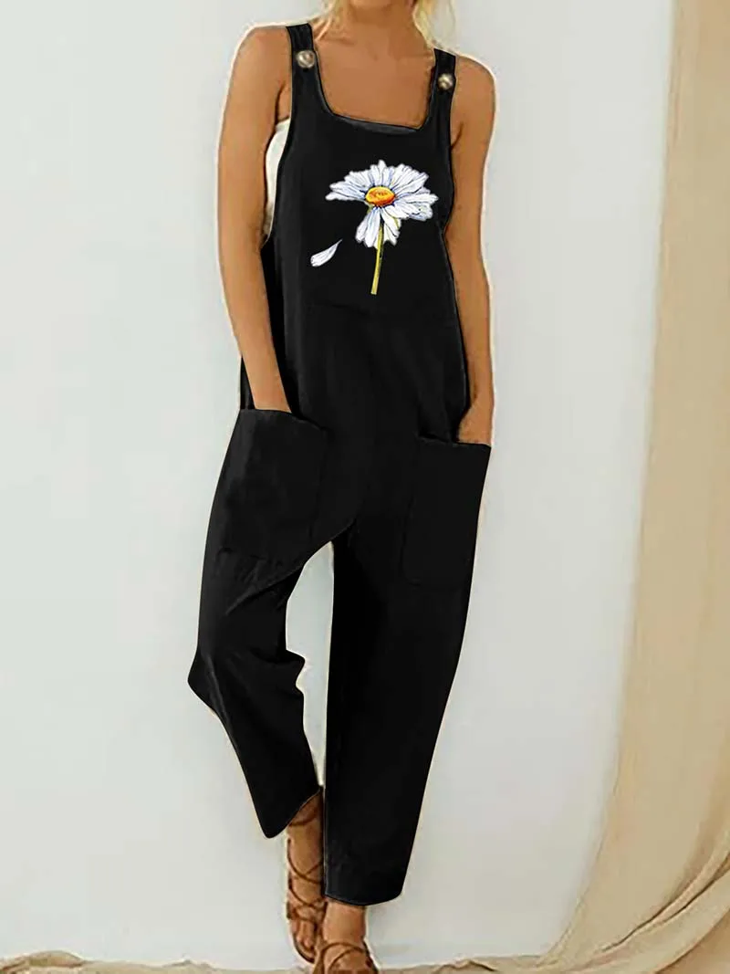 Womens Dungarees Print Rompers 2021 Summer New Ladies Casual Loose Linen Cotton Jumpsuit Sleeveless Pocket Overalls Playsuit