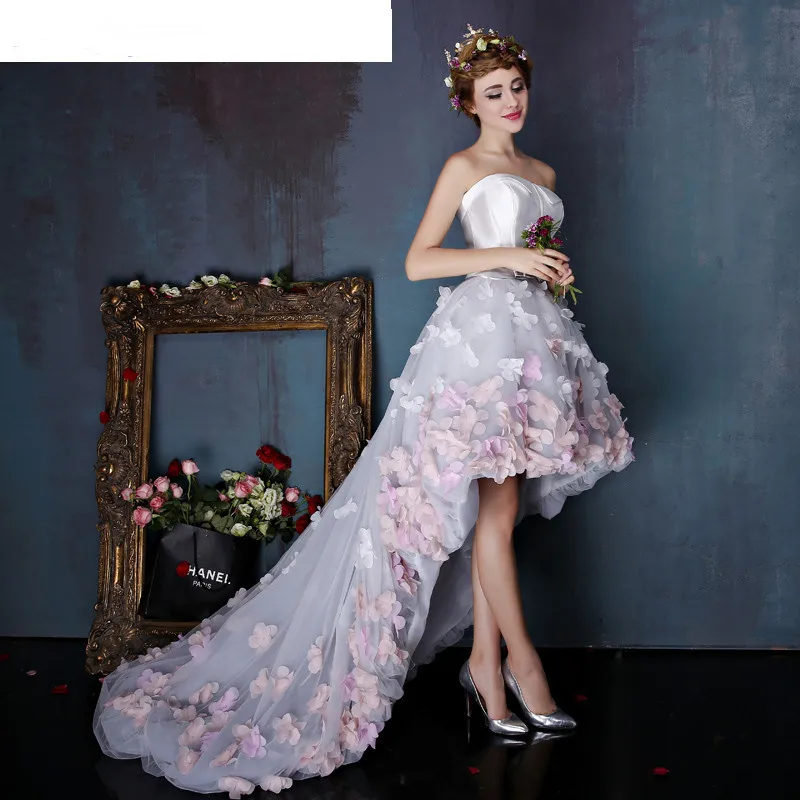 Off shoulder strapless high low flowers prom prom gown 2020 short front long back custome dress Bespoke Wedding Dresses sexy short prom dresses pleats tulle bottom ball gown party dress high waist zipper back