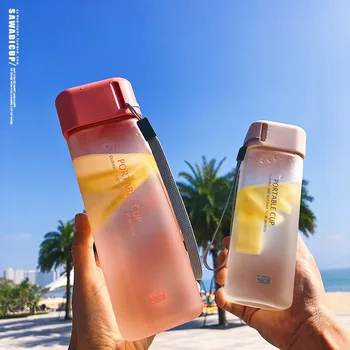 

500ml Simple Square Plastic Water Bottles Creative Sports Frosted Portable Juice Cups with Lid Anti-impact Leak-proof Handy Cups