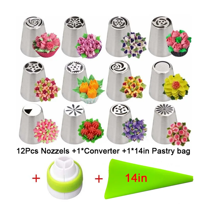 14Pcs set 57 шт./компл. 4 размера кондитерский мешок+ 48x Кондитерские насадки+ 5x насадки конвертера для кондитерских сумок для кондитерский мешок для крема советы Spuitzak - Цвет: 14Pcs set
