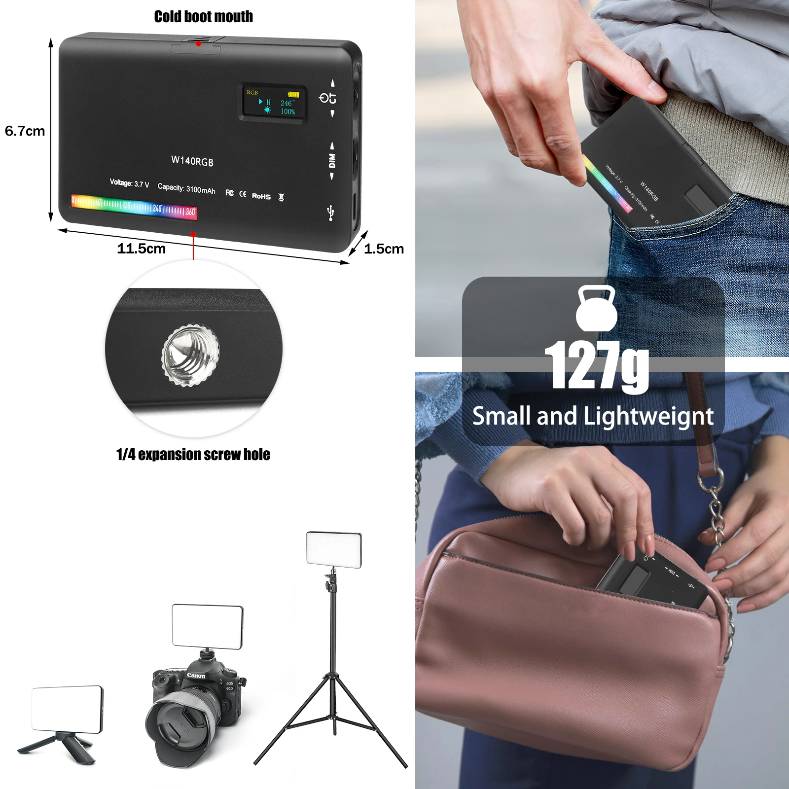 Luzes de Vídeo 2500 a 9000k Luxceo Fotografia Acessórios Câmeral Luz 8w 3100mah Led Painel Bolso Tamanho Lâmpada Regulável W140 Rgb - Image 5