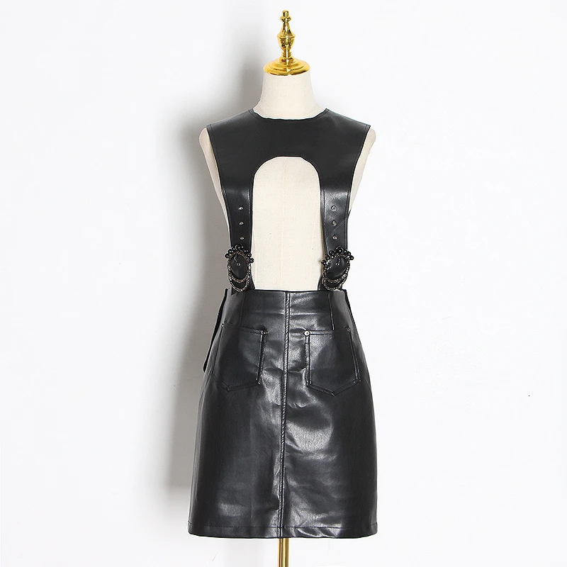 black TWOTWINSTYLE, сексуальные женские платья из искусственной кожи, с круглым вырезом, без рукавов, с высокой талией, с вырезами, осеннее платье, женская мода, одежда, Новинка - Color: black