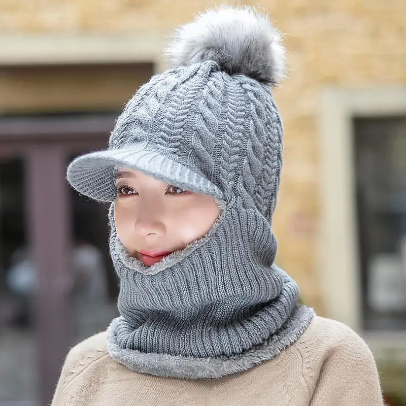 COKK, теплая зимняя шапка Skullies Beanies, вязаная шапка для женщин, зимняя женская Лыжная шерстяная меховая шапка, женские шапки с помпонами, вельветовые толстые, новинка - Color: Gray