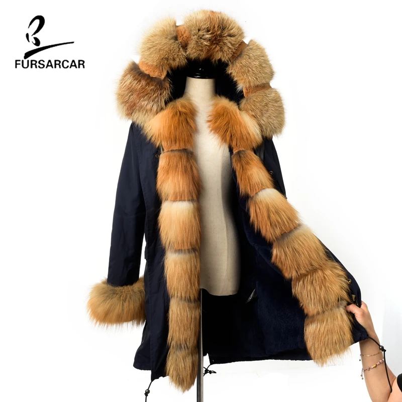 FURSARCAR/Новинка года, Высококачественная настоящая меховая парка с капюшоном, пальто для женщин с мехом кролика Рекс, толстая подкладка, воротник лисы, манжеты, Женская куртка