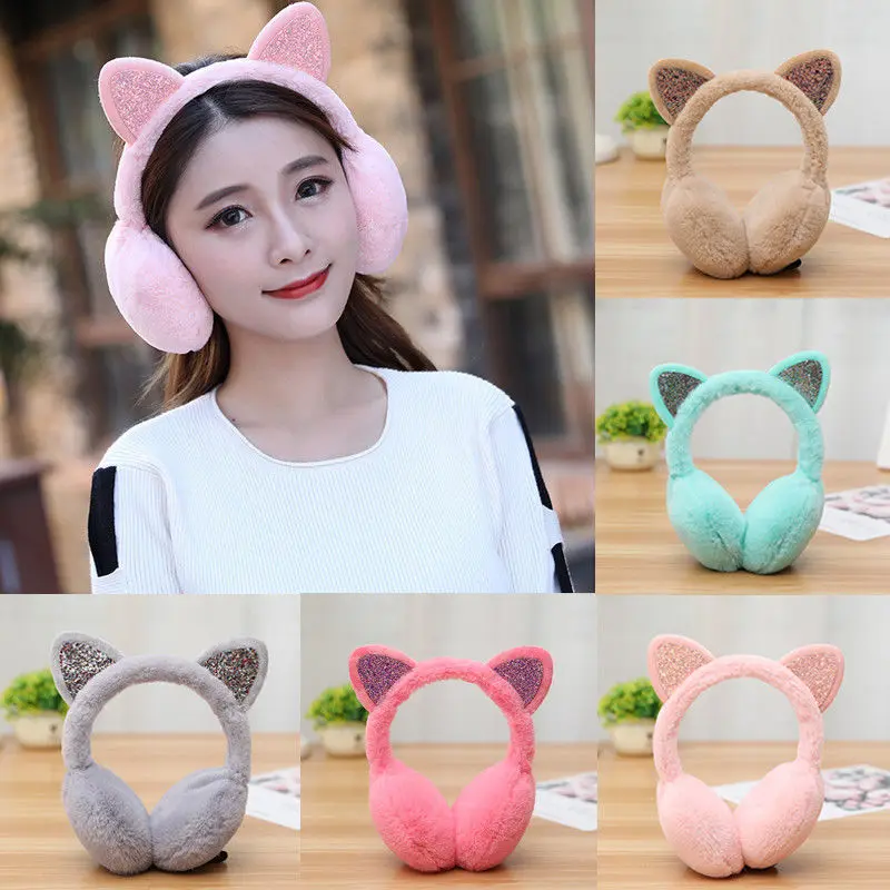 Теплые наушники с искусственным мехом на зиму и осень, милые плюшевые наушники с кошачьими ушками для девушек и женщин, ободки для волос, стразы, наушники для ушей