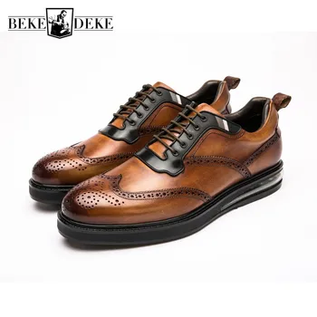 

2020 New Designer Mens Wing Tip Brogue Business Casual Work Genuine Leather Shoes High Quality Autumn Man Lace Up Platform Shoes