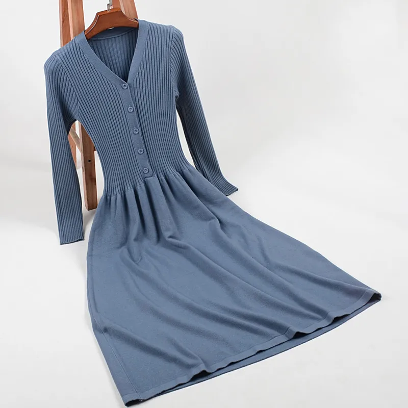 

Autumn Winter Women Dress New Fashion Sexy V-neck Vintage Knit Dress Slim High-elastic Long-sleeved Sweater Dresses Female K1026