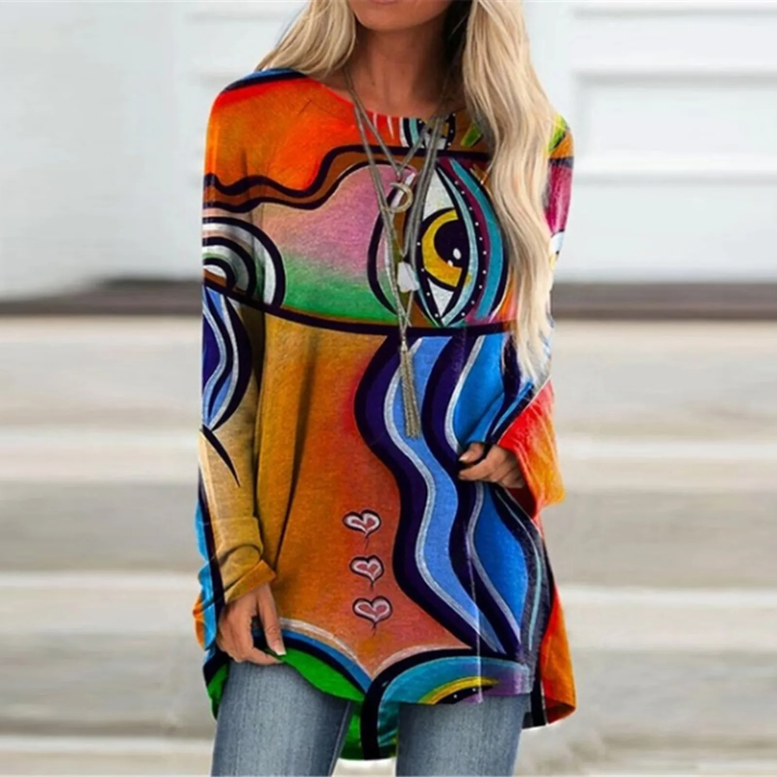 Женский свободный пуловер с длинным рукавом повседневный свитшот абстрактным