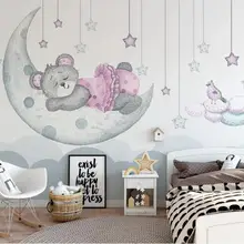 Изготовленный На Заказ скандинавский ручной росписью мультфильм dreamy медведь детская комната ТВ Настенные обои, МУРАЛ