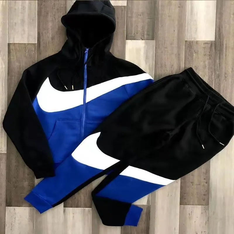 Spring New Men's Jacket + Pants Two Piece Hip-hop Street 2021 Patchwork Men's Casual Hoodie Set