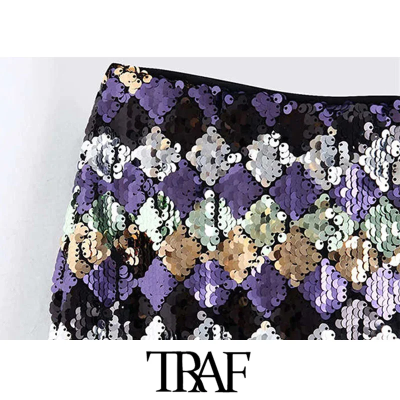TRAF, Женская винтажная сексуальная юбка миди с блестками, модная, высокая талия, боковая молния, сзади, женские юбки, повседневные, Faldas Mujer