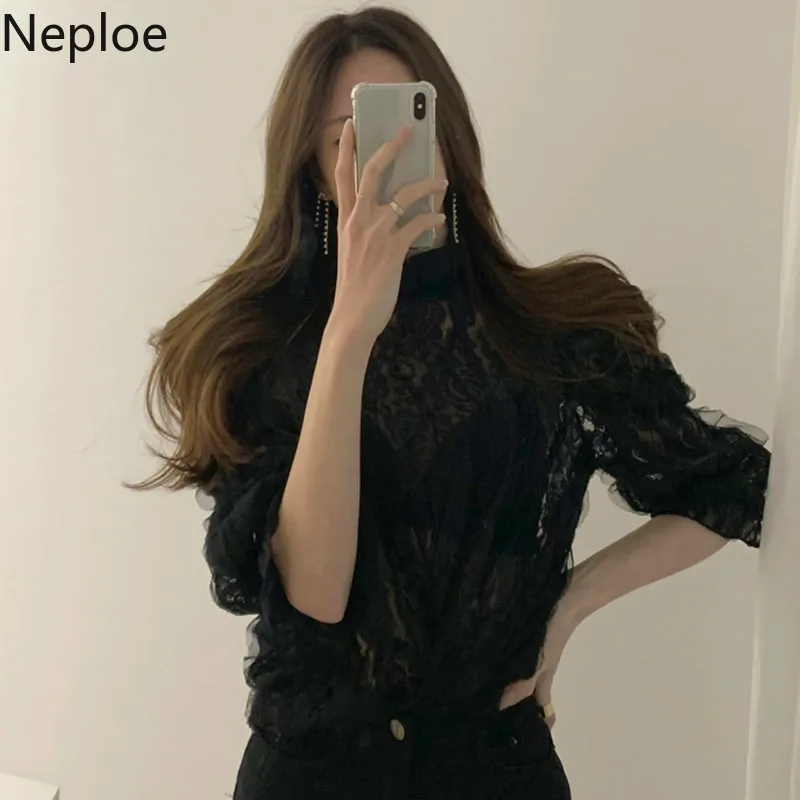 Neploe/Корейская шикарная Кружевная блуза с высокой горловиной, для тяжелой работы, в стиле пэчворк, на крючках, с цветами, с расклешенными длинными рукавами, Blusas, осенне-Весенняя рубашка, 48110