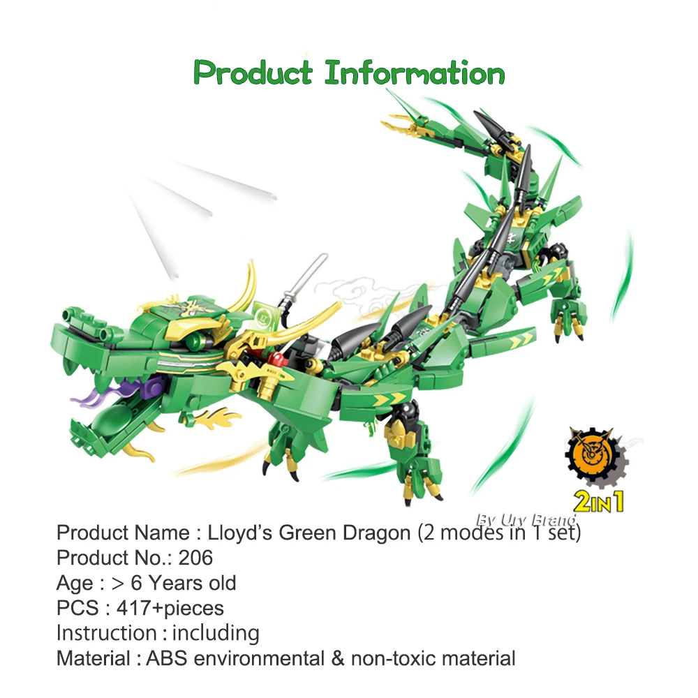 Конструктор Lloyd's Green Dragon Fighting Mech серии ниндзя Creator набор сделай сам 2 в 1 детские
