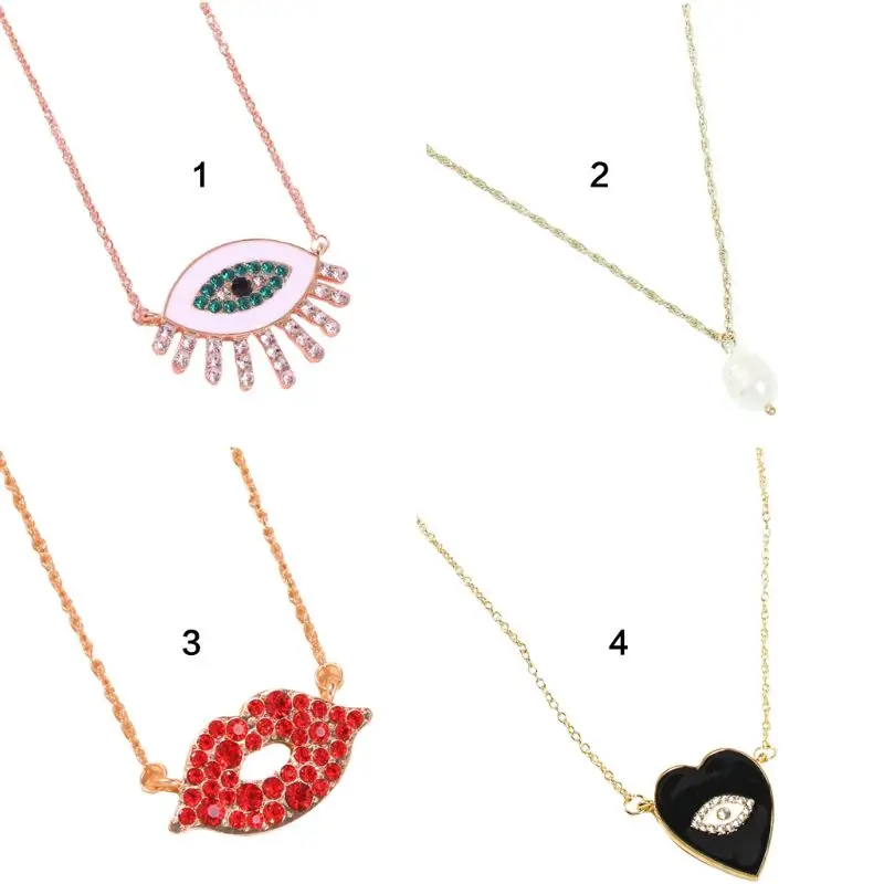 

Fashion Sexy Eyes Lips Fun Pendant Necklace for Women Ladies Artificial Pearl Choker Simple Wild Rhinestone Jewelry