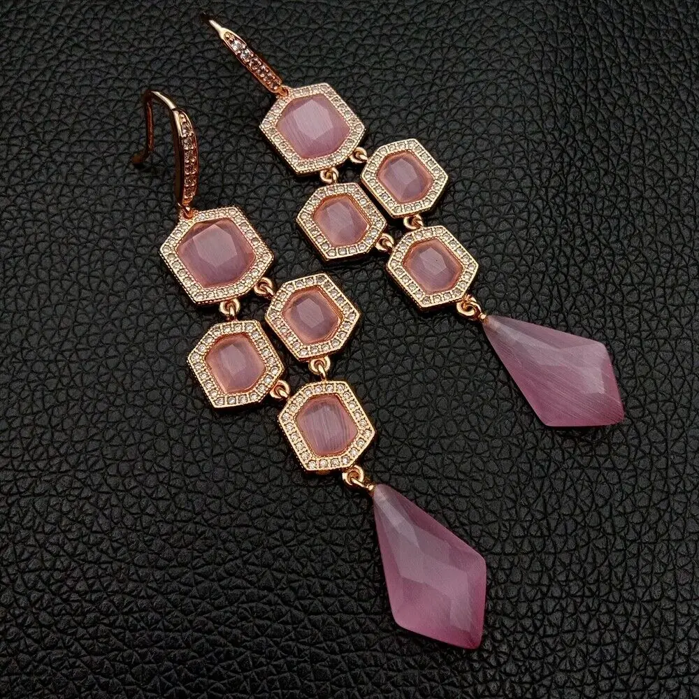 

Valentine's Day gift Golden Plated Pink Cat Eye Cz pave Hook Earrings