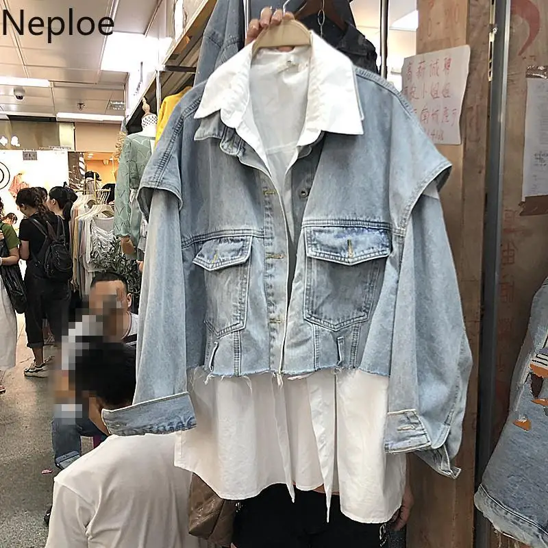Neploe размера плюс, осень, комплекты блузок, джинсовая рубашка с длинным рукавом в стиле пэчворк+ короткие джинсы, жилет, модная одежда 56176