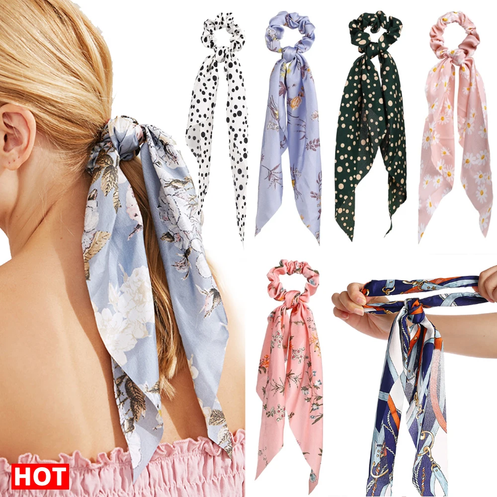 

New Chiffon Silk Bow Long Scrunchies For Girls Ribbon Ponytail Holder Scarf Hair Tie Hair Bands Fashion Women Hair Accessories