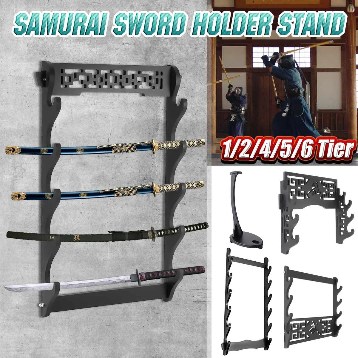 5 Tier Sword Holder Wall Mount Samurai Sword Stand Display Katana Wakizashi Tanto Wall Hanger