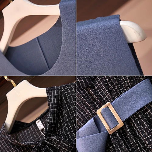 5XL размера плюс женское осеннее платье из двух частей комплект вязаный жилет и длинный рукав гусиная лапка Плиссированное Платье-рубашка в шотландскую клетку с поясом