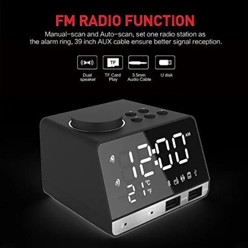 Беспроводной Bluetooth бас динамик FM радио зеркало светодиодный двойной будильник USB зарядное устройство(черный, ЕС Plug