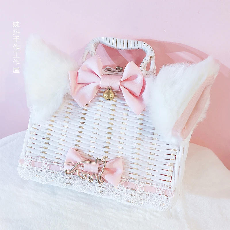 

Cat Ears Kawaii Women's Rattan Box Case Handbag 2 Straps Bow Lolita Sweet Girl Cute