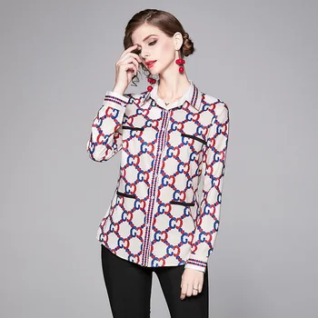 

2019 Autumn Vintage Printed Blouses Fashion Tops Women's New Slim Long Sleeve Turn-Down Collar Elegant Casual Shirt