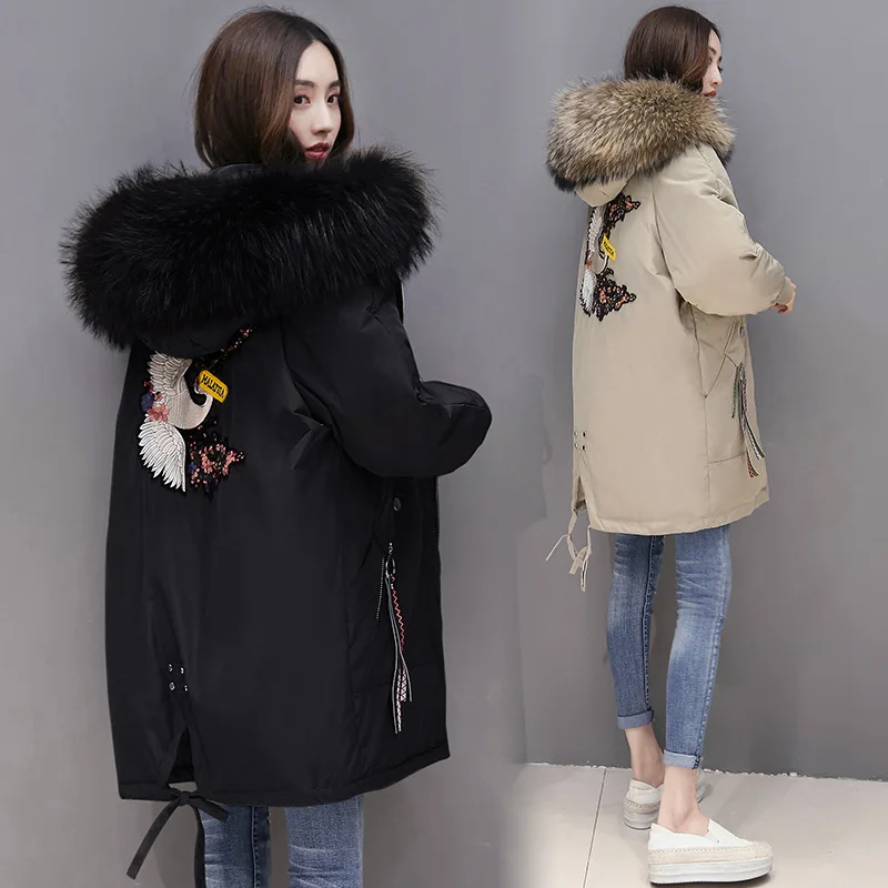 

2018 Autumn & Winter New Style Cotton-padded Clothes Women's Embroidered Medium Length CHIC Cotton Coat Students Thick Loose Cas
