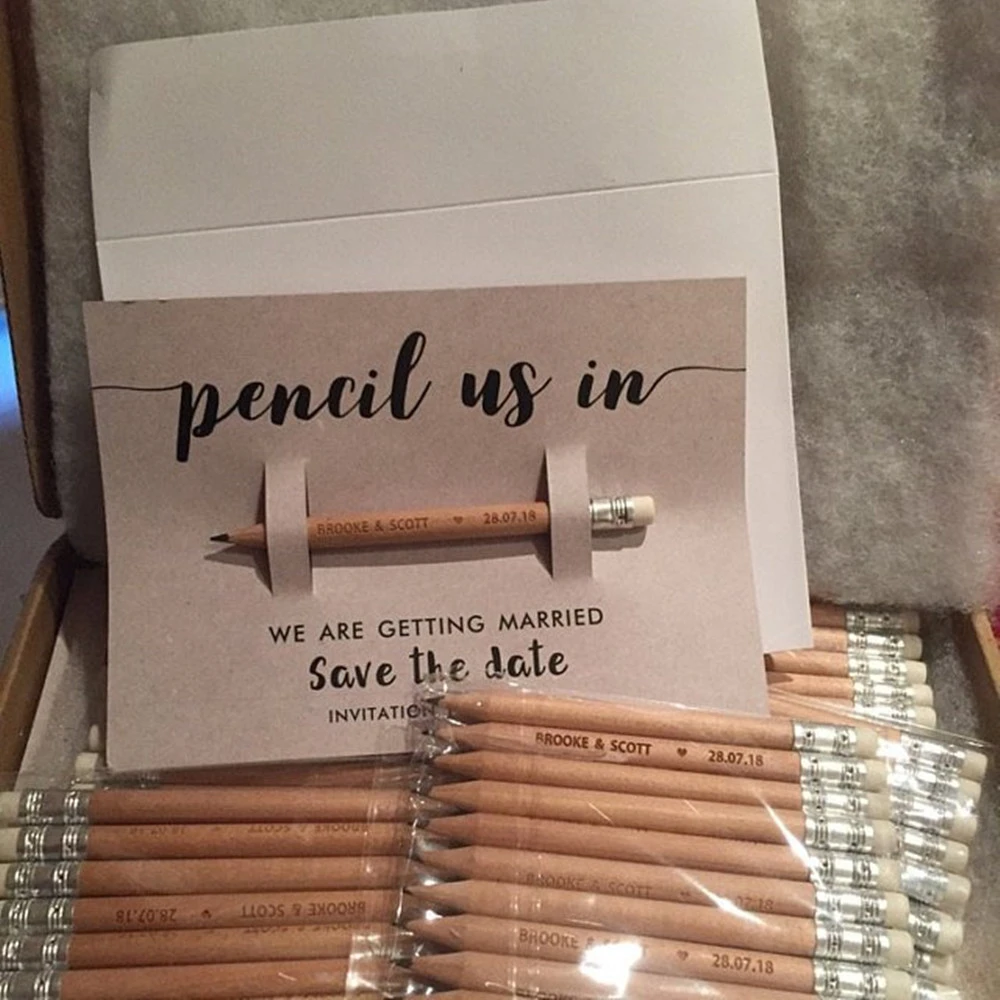 Personalize pcs Engraved Pencil Us In Save The Dates Wedding Invitations With Backing Card Envelopes Birthday Party Invites Party Favors Aliexpress