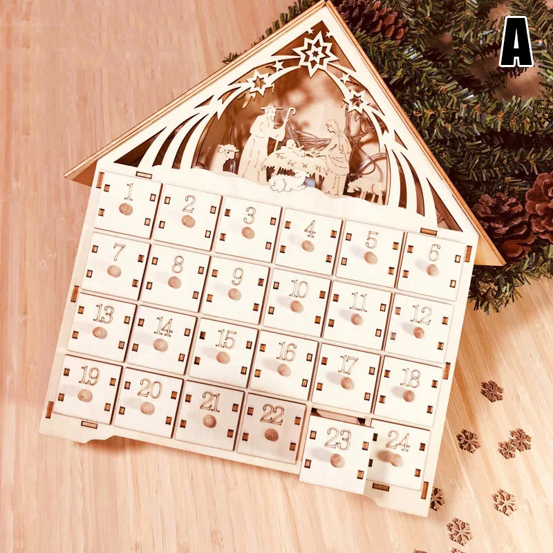 A Wooden Advent Calendar Countdown Lights Christmas Party 24 Pull-Out Drawers LED Light 38x30x5cm TB Sale - Цвет: A