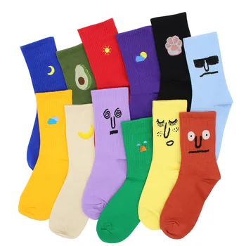 

1 Pair Fashion Solid Colored Cotton Japanese Women Socks Korean KawaiI Cute Harajuku Embroidery Smiling face Casual Funny Socks