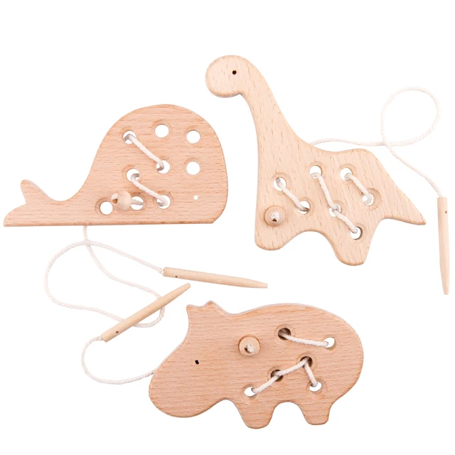 Wooden Kindergarten Mouse Threading Board Lacing Beech Wooden Sewing Toys Dinosaur Button Beaded Blocks For Boys Girls Products 2
