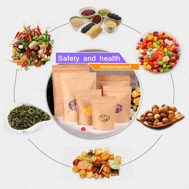 

50Pcs Kraft Paper Bag Zip lock Kraft Paper Window Bag Gift package Self Sealing Zipper Bags Food Coffee Storage Packaging Bags