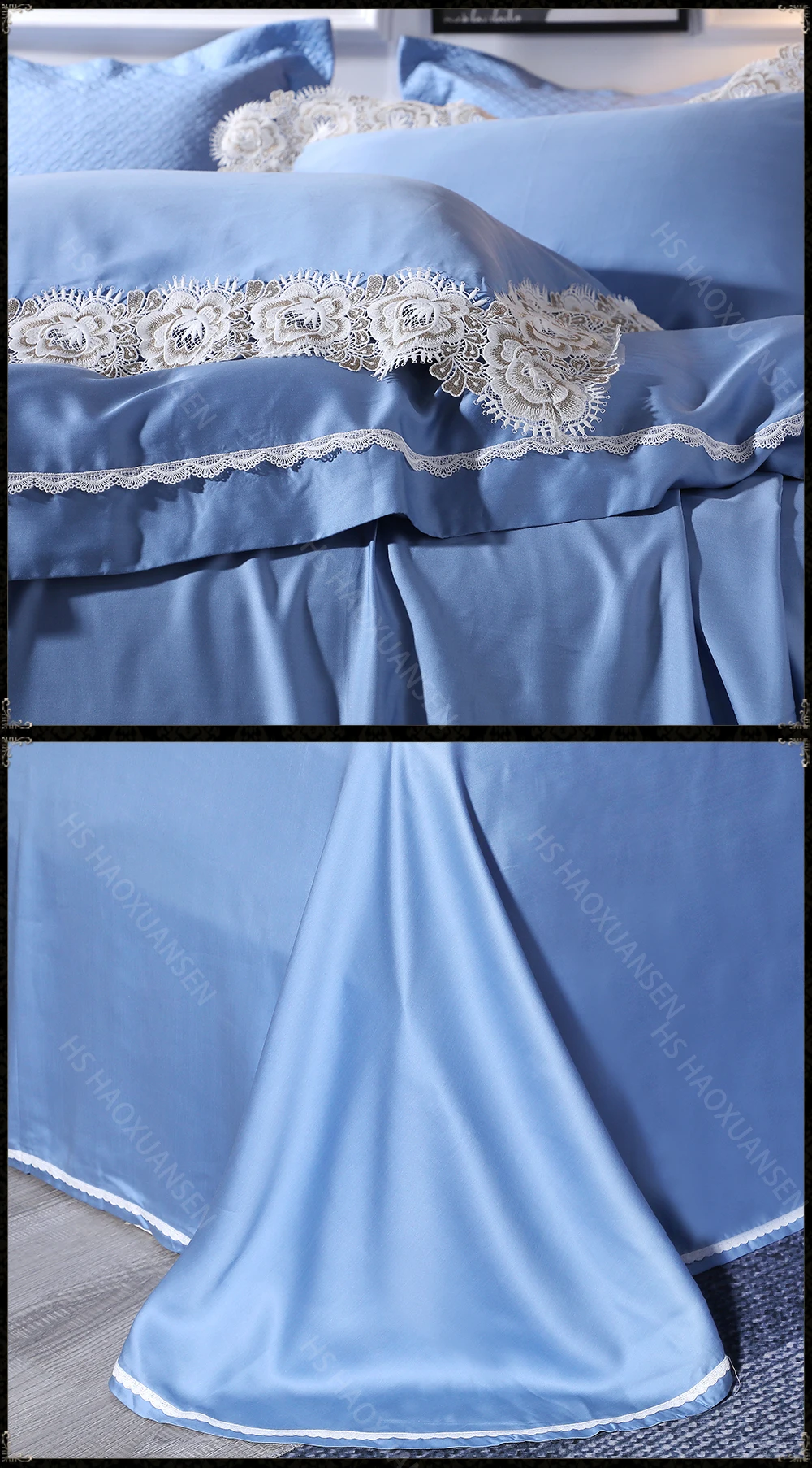 Luxury Lace Tencel Lyocell Blue Bedding Sets 4 Piece Natural Organic Silky Soft Princess Bedclothes Queen King Size Sheets