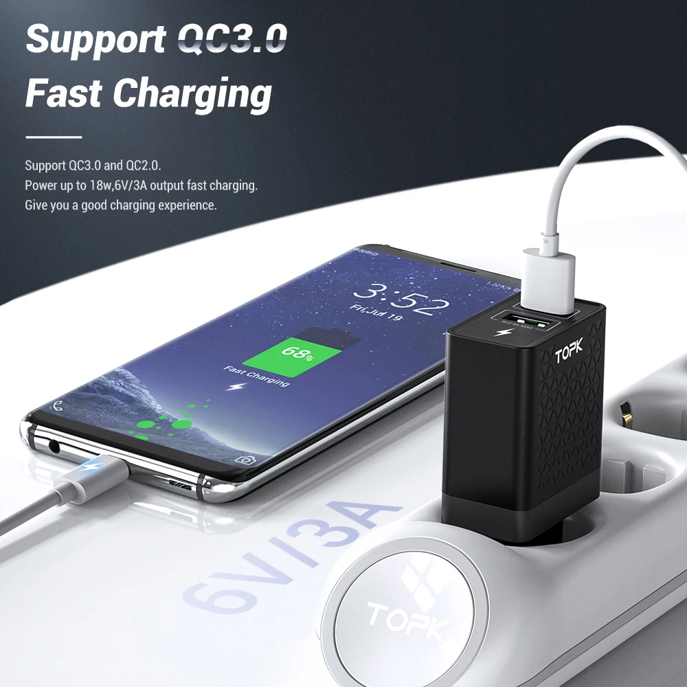 Зарядное устройство TOPK сетевое с USB портом и поддержкой быстрой зарядки 28